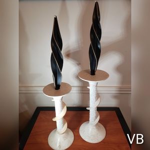 Marble & Rattan Textured Candle Holders Set of 2